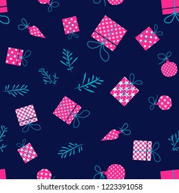 Gift, present, surprise box, new year tree brunch vector simple pattern for wrapping paper