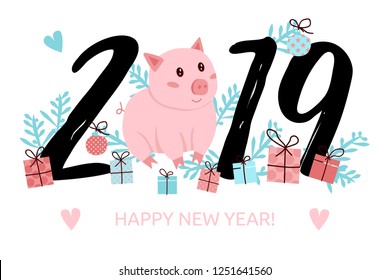 Gift, present, surprise box, new year tree brunch vector. 2019 Happy New Year banner. Cute pig with numbers. Greeting illustration. Symbol of winter holidays. Zodiac sign
