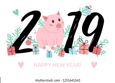 Gift, present, surprise box, new year tree brunch vector. 2019 Happy New Year banner. Cute pig with numbers. Greeting illustration. Symbol of winter holidays. Zodiac sign