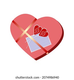 Gift present Valentines Day, Wedding, heart shaped box ribbon love passion heart doodle. Isolated. White background. Vector illustration
