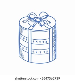 Regalo regalo Vector. Caja festiva con lazo y papel de regalo. Ilustración de celebración de Navidad con divertido estilo de dibujos animados. Clip-arte aislado del empaquetado del día de fiesta para el saludo y el diseño de la ceremonia.


