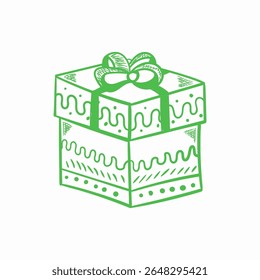 Vetor presente de presente. Caixa festiva com arco e papel de embrulho. Ilustração de celebração de Natal com estilo de desenho animado engraçado. Isolado clip-art de embalagem de feriados para design de saudação e cerimônia.

