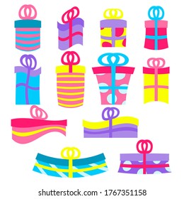 Gift or presents boxes isolated on white. Colorful and wrapped gift box icons. Sale or shopping concept. Collection for Birthday, Christmas, New year