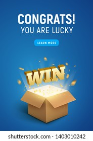 Gift prize box lottery WIN text. Magic box present for winner, enter contest reward. Congratulations.