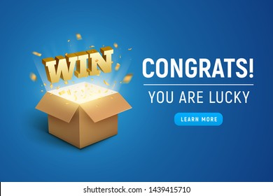 Gift prize box lottery WIN text. Magic box present for winner, enter contest reward. Congratulations.