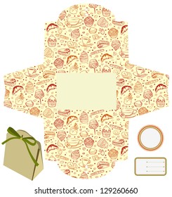 Gift or product packaging box. Isolated. Cupcakes, candies, coffee pattern. Empty label. Template.