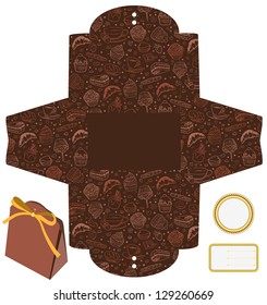 Gift or product packaging box. Isolated. Cupcakes, candies, coffee pattern. Empty label. Template.