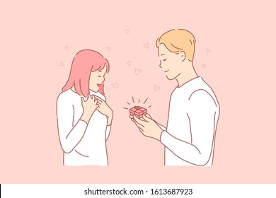 Gift, proposal, romance, love, family concept. Young boyfriend makes marriage proposal to lovely girlfriend. Husband presents gift to his wife in romantic atmosphere. Family love. Simple flat vector