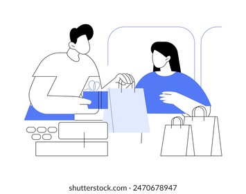 Gift with purchase isolated cartoon vector illustrations. Salesperson giving a present with purchase to a customer, trade profession, shopping day, fashion boutique promotion vector cartoon.