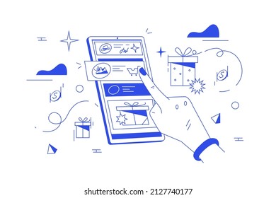 Gift purchase online or e-commerce and e-shop vector illustration. Person hand searching goods in e-shop linear concept