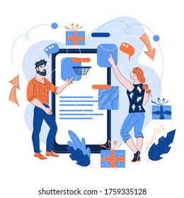 Gift for purchase shopping concept with buyers purchasing goods online. Internet sale and online discount, customers referral loyalty program. Cartoon vector illustration isolated.