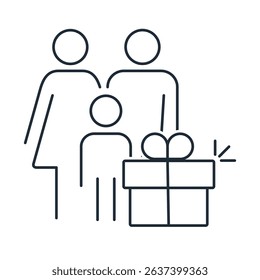 A gift, a purchase for the whole family.Family Shopping.  Parents and Children in Mall Shopping.  Mom, Dad and Children Carry.  Vector linear icons isolated on white background.