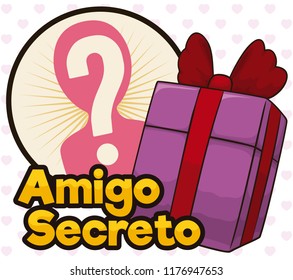 Gift with purple envelope, red ribbons and bow to play Secret Friend (written in Spanish) game during Day of Love and Friendship.