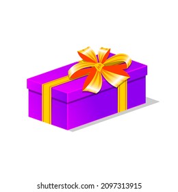 Gift in purple square box with yellow ribbon. Vector illustration.