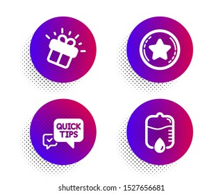 Gift, Quick tips and Loyalty star icons simple set. Halftone dots button. Drop counter sign. Marketing box, Helpful tricks, Bonus reward. Medical equipment. Business set. Vector