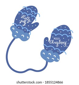 Gift with a red bow in the hands of blue mittens isolated. Merry Christmas and happy holidays.