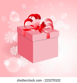 Gift with red bow on background with snowflake. EPS10 vector.