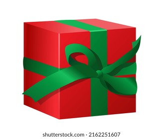 Gift red box. Beautiful packaging with green bow for present. Advertising poster or banner, discounts, sales and special offers in online stores for holidays. Cartoon isometric vector illustration