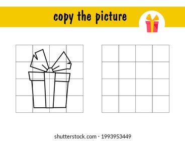 Gift in a red box children s mini-game on paper. Copy the picture using grid lines, a simple early childhood education game with easy level play, drawing game for kids