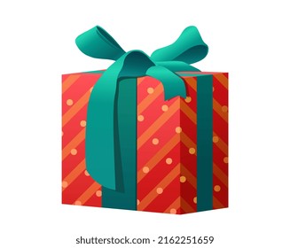 Gift red box. Packaging with green bow for present. Advertising poster or banner. Discounts, special offers and modern methods of marketing on Internet. Cartoon isometric vector illustration
