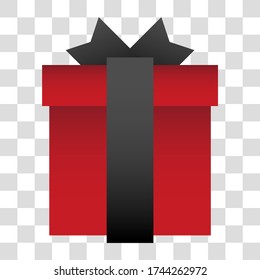 A gift in a red box, tied with a black ribbon, and a bow peeking out from behind the lid, on a transparent background in vector.