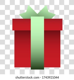 A gift in a red box, tied with a light green ribbon, and a bow peeking out from behind the lid, on a transparent background in vector.