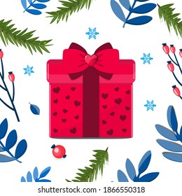 Gift in a red box, winter branches, fir branches, snowflakes, berries. On white background. Christmas and New year holiday concept. vector seamless pattern background