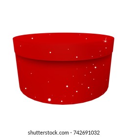Gift red box for xmas party. Surprise with shine glitter snow. Christmas holiday vector illustration.