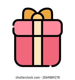 Gift in red package with bow icon. Flat line vector illustration