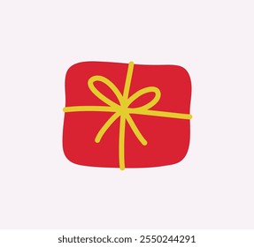 Gift in red packaging with yellow ribbon on light background, hand drawn illustration, drawing, flat style