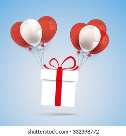 Gift with red ribbon and balloons on the blue background. Eps 10 vector file.