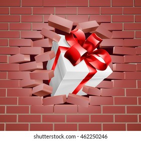A gift with red ribbon and bow breaking through a brick wall 