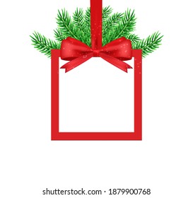 Gift with red ribbon, bow, Christmas branches. square banner. Greeting card. Stock vector illustration on white isolated background.