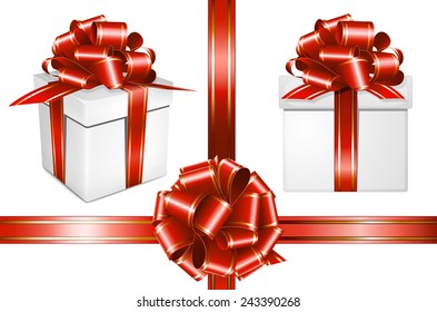 Gift red ribbon with bow and present on white background. Vector illustration.