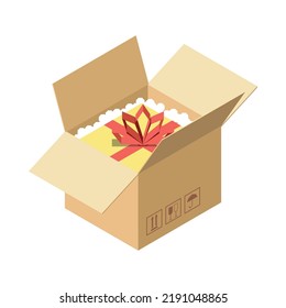 Gift with red ribbon in cardboard delivering box 3d isometric vector illustration