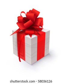 Gift with red ribbon on a white background