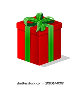Gift in a red square box with a green bow. Vector illustration.