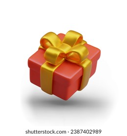 Regalo en rojo envuelto con arco dorado. Ilustración aislada sobre fondo blanco. Elemento festivo, agradable sorpresa. Regalo de Navidad. Plantilla para diseño estacional