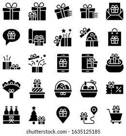 Gift related vector icon set, solid design