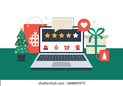 Gift review online on laptop. Christmas shopping and feedback five orange stars flat vector illustration. Office desk with holiday elements