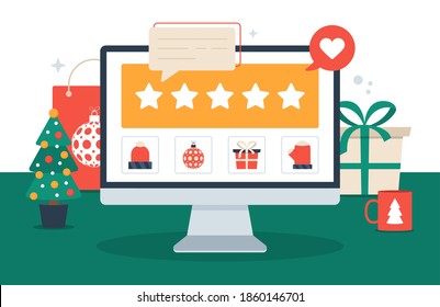 Gift review online on pc computer. Christmas shopping and feedback five stars flat vector illustration. Office desk with holiday elements