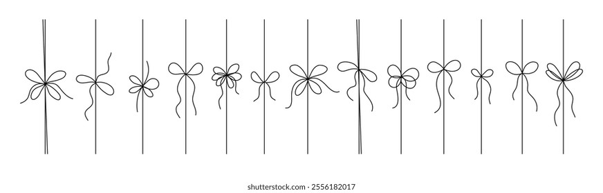Gift ribbon Black line set, isolated. Thin bow for gift box decoration vector doodle vector illustration