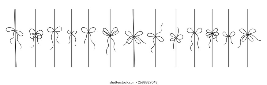 Cinta de regalo Conjunto de línea negra, aislado. Arco delgado para la Ilustración vectorial de doodle de Vector de la decoración de la caja de regalo