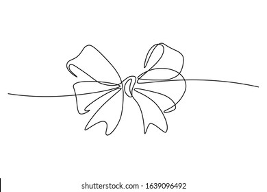 Gift ribbon bow in continuous line art drawing style. Minimalist black linear sketch isolated on white background. Vector illustration