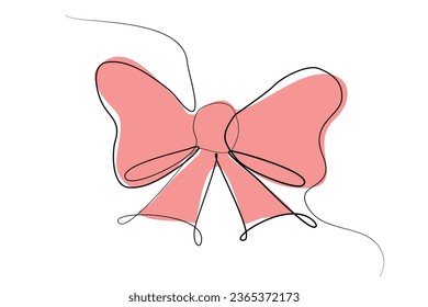Gift ribbon bow in continuous line drawing. Simple line sketch with red isolated on white background. Line art style vector illustration for sale promotion banner, poster, greeting card template.