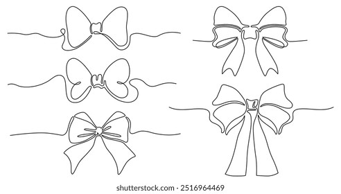 Gift ribbon bow continuous line. One line festive minimalist bow knots for greeting card and wedding invitation. Vector editable stroke isolated set.