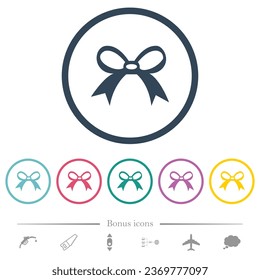 Gift ribbon bow flat color icons in round outlines. 6 bonus icons included.