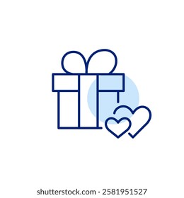 Gift with ribbon bow and hearts. Romantic dating and anniversary. Wedding, Valentine and relationships. Pixel perfect, editable stroke icon