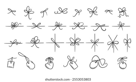 Gift ribbon bow, label tags line icon set. Outline hand drawn cards of different shapes hang on ropes, vintage knot with loops. Present, price mascot, simple creative bow icons vector illustration