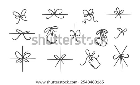 Gift ribbon bow line icon set. Outline hand drawn elegant tie knots, vintage labels in heart, rectangular and round shapes. Birthday, Xmas present mascot, minimal bow icons vector illustration